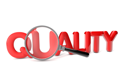 放大鏡檢查'QUALITY'單詞的插圖，表現(xiàn)上海駿材制定執(zhí)行嚴(yán)格產(chǎn)品質(zhì)量標(biāo)準(zhǔn)